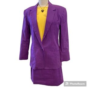Adolfo Linen Pencil Skirt Suit Vintage Designer Career Fully Lined  Purple 14